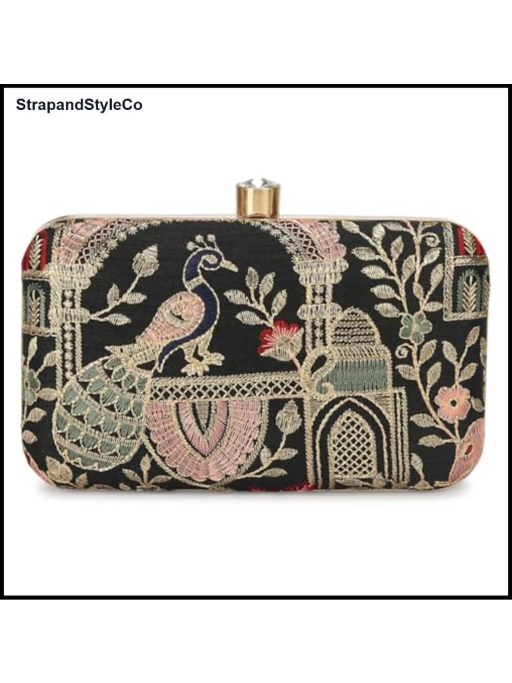 Vintage Floral Embroidered Box Clutch with Crystal Clasp and Chain Strap
